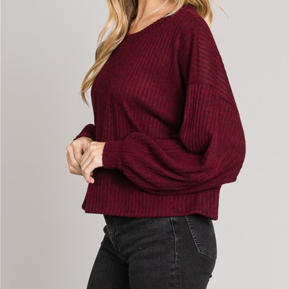 Wine Red Oversized Rib Knit Sweater Top – Cozy Soft Balloon Sleeve (NIP) - Picture 4 of 9